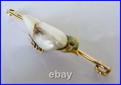 18ct Gold Brooch Victorian 18ct Yellow Gold Natural Pearl Ruby Bird Bar Brooch