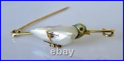 18ct Gold Brooch Victorian 18ct Yellow Gold Natural Pearl Ruby Bird Bar Brooch