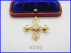 9ct Gold Victorian Style Fire Opal & Pearl Brooch Pendant Vintage 1985