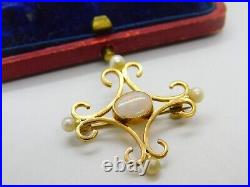 9ct Gold Victorian Style Fire Opal & Pearl Brooch Pendant Vintage 1985