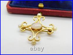 9ct Gold Victorian Style Fire Opal & Pearl Brooch Pendant Vintage 1985