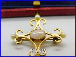 9ct Gold Victorian Style Fire Opal & Pearl Brooch Pendant Vintage 1985