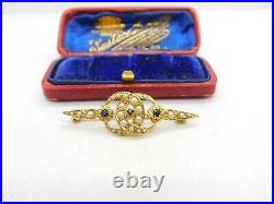 9ct Yellow Gold Victorian Style Seed Pearl & Sapphire Sweetheart Brooch 1982