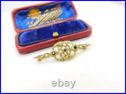 9ct Yellow Gold Victorian Style Seed Pearl & Sapphire Sweetheart Brooch 1982