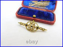 9ct Yellow Gold Victorian Style Seed Pearl & Sapphire Sweetheart Brooch 1982