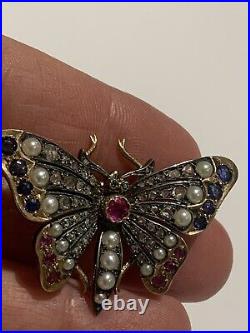 Adorable Victorian Gold & Silver Rose Diamond, Ruby & Sapphire Butterfly Brooch