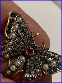 Adorable Victorian Gold & Silver Rose Diamond, Ruby & Sapphire Butterfly Brooch