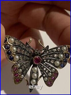 Adorable Victorian Gold & Silver Rose Diamond, Ruby & Sapphire Butterfly Brooch