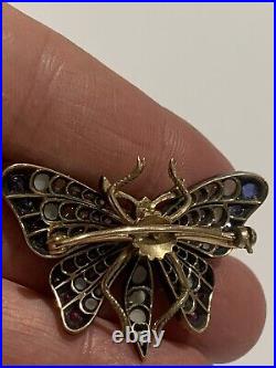 Adorable Victorian Gold & Silver Rose Diamond, Ruby & Sapphire Butterfly Brooch