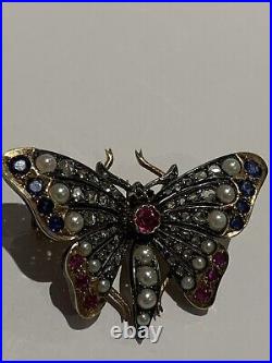 Adorable Victorian Gold & Silver Rose Diamond, Ruby & Sapphire Butterfly Brooch