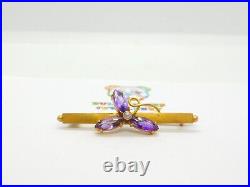 Amethyst Shamrock 9k Gold Brooch Pin Antique Victorian c1890