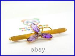 Amethyst Shamrock 9k Gold Brooch Pin Antique Victorian c1890