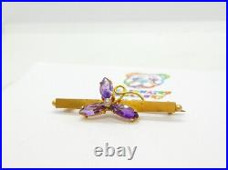 Amethyst Shamrock 9k Gold Brooch Pin Antique Victorian c1890