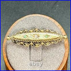 Antique 14K Yellow Gold Emerald Diamond Victorian Brooch 1.5 Inch Length