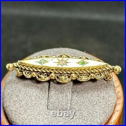 Antique 14K Yellow Gold Emerald Diamond Victorian Brooch 1.5 Inch Length