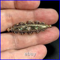 Antique 14K Yellow Gold Emerald Diamond Victorian Brooch 1.5 Inch Length