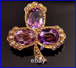 Antique Amethyst and pearl Shamrock brooch, clover, 15ct gold, Victorian