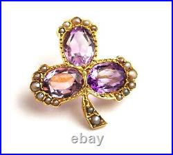 Antique Amethyst and pearl Shamrock brooch, clover, 15ct gold, Victorian