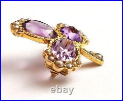 Antique Amethyst and pearl Shamrock brooch, clover, 15ct gold, Victorian