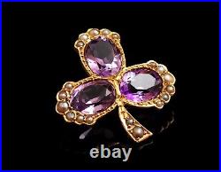 Antique Amethyst and pearl Shamrock brooch, clover, 15ct gold, Victorian