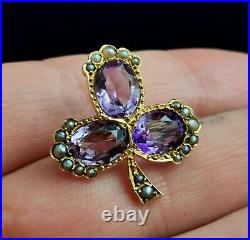 Antique Amethyst and pearl Shamrock brooch, clover, 15ct gold, Victorian