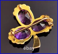 Antique Amethyst and pearl Shamrock brooch, clover, 15ct gold, Victorian