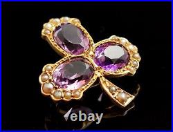 Antique Amethyst and pearl Shamrock brooch, clover, 15ct gold, Victorian