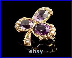 Antique Amethyst and pearl Shamrock brooch, clover, 15ct gold, Victorian