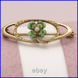 Antique Victorian 10k Gold Enamel Four Leaf Clover Seed Pearl Bar Brooch Pin