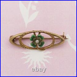 Antique Victorian 10k Gold Enamel Four Leaf Clover Seed Pearl Bar Brooch Pin