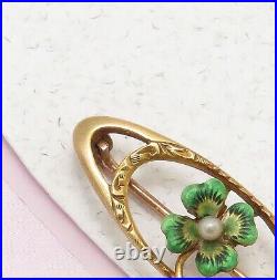 Antique Victorian 10k Gold Enamel Four Leaf Clover Seed Pearl Bar Brooch Pin