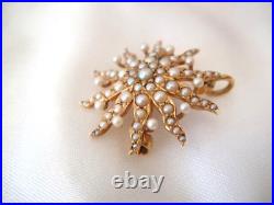 Antique Victorian 14KT Gold Small Seed Pearl Starburst Brooch Or Pendant