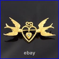 Antique Victorian 15Ct Gold Bird Brooch With Diamond Heart Drop