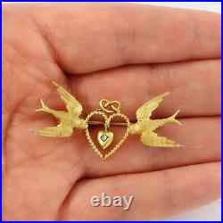 Antique Victorian 15Ct Gold Bird Brooch With Diamond Heart Drop