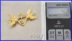 Antique Victorian 15Ct Gold Bird Brooch With Diamond Heart Drop