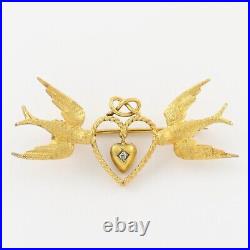 Antique Victorian 15Ct Gold Bird Brooch With Diamond Heart Drop