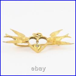 Antique Victorian 15Ct Gold Bird Brooch With Diamond Heart Drop