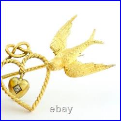 Antique Victorian 15Ct Gold Bird Brooch With Diamond Heart Drop