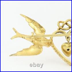 Antique Victorian 15Ct Gold Bird Brooch With Diamond Heart Drop