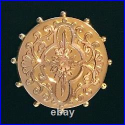 Antique Victorian 1888 9 Carat Solid Gold Etruscan Revival Circular Brooch