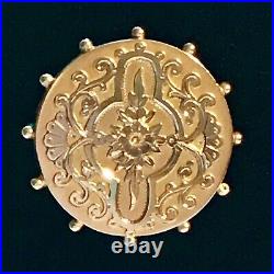 Antique Victorian 1888 9 Carat Solid Gold Etruscan Revival Circular Brooch