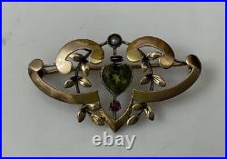 Antique Victorian 9ct 9k Gold Seed Pearl Heart Shape Peridot Ruby Brooch Pin