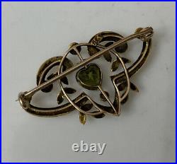 Antique Victorian 9ct 9k Gold Seed Pearl Heart Shape Peridot Ruby Brooch Pin