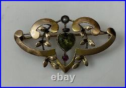 Antique Victorian 9ct 9k Gold Seed Pearl Heart Shape Peridot Ruby Brooch Pin