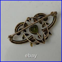 Antique Victorian 9ct 9k Gold Seed Pearl Heart Shape Peridot Ruby Brooch Pin