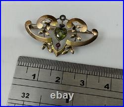 Antique Victorian 9ct 9k Gold Seed Pearl Heart Shape Peridot Ruby Brooch Pin