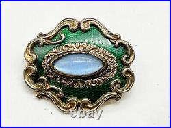 Antique Victorian 9ct Gold Back Green Enamel Gem Set Mourning Pin Brooch