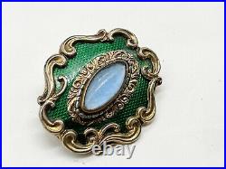 Antique Victorian 9ct Gold Back Green Enamel Gem Set Mourning Pin Brooch