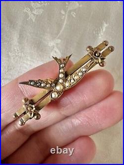 Antique Victorian 9ct Gold Seed Pearl Bird Swallow Brooch Hallmarked