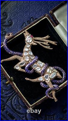 Antique Victorian French Diamond Stag And Snake Brooch 9ct Gold